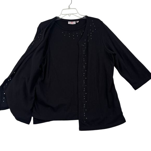 Quacker Factory Duet Knit Top Size L Black Eyelet Rhinestone 3/4 Sleeve Cotton - Picture 6 of 10